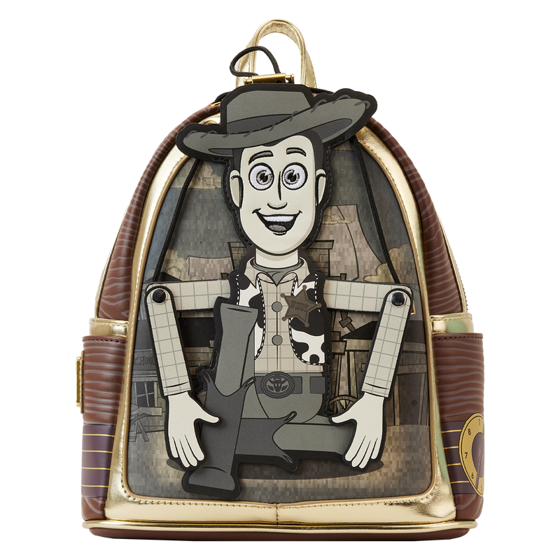 Image of the Woody Puppet Mini Backpack, featuring a brown mini backpack that looks like a vintage TV with a marionette Woody on the front with arms that move